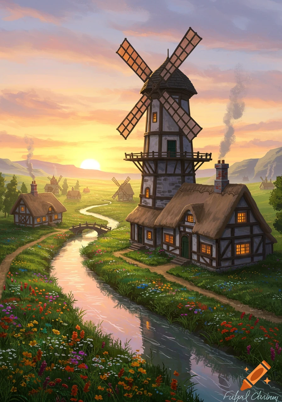 A picturesque village scene with a large windmill by a winding river, surrounded by houses and colorful flowers at sunset, in an illustration style.