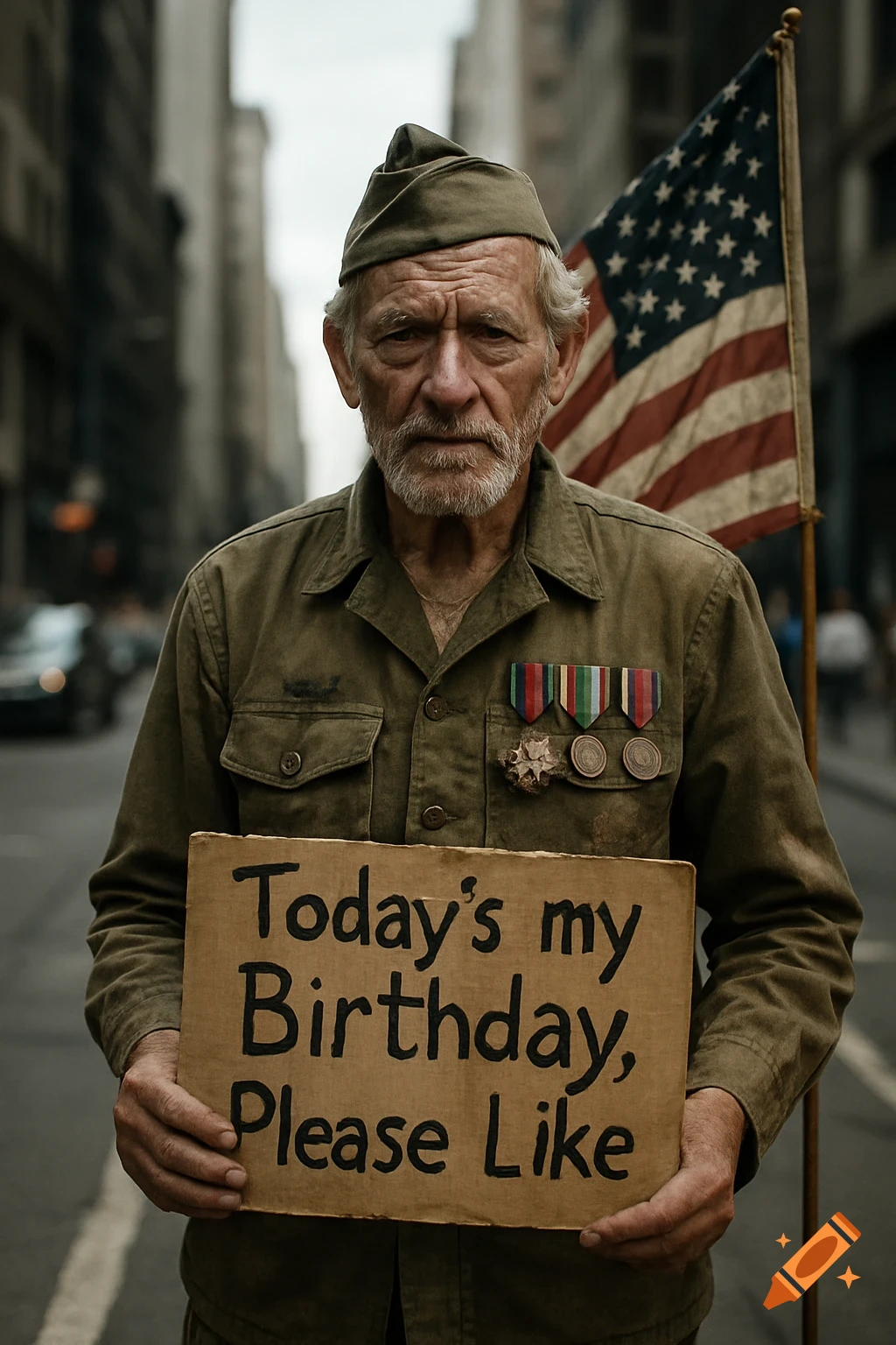 A photorealistic portrait of an elderly American veteran in uniform holding a sign that reads 'Today's my Birthday, Please Like' on a city street, with an American flag.