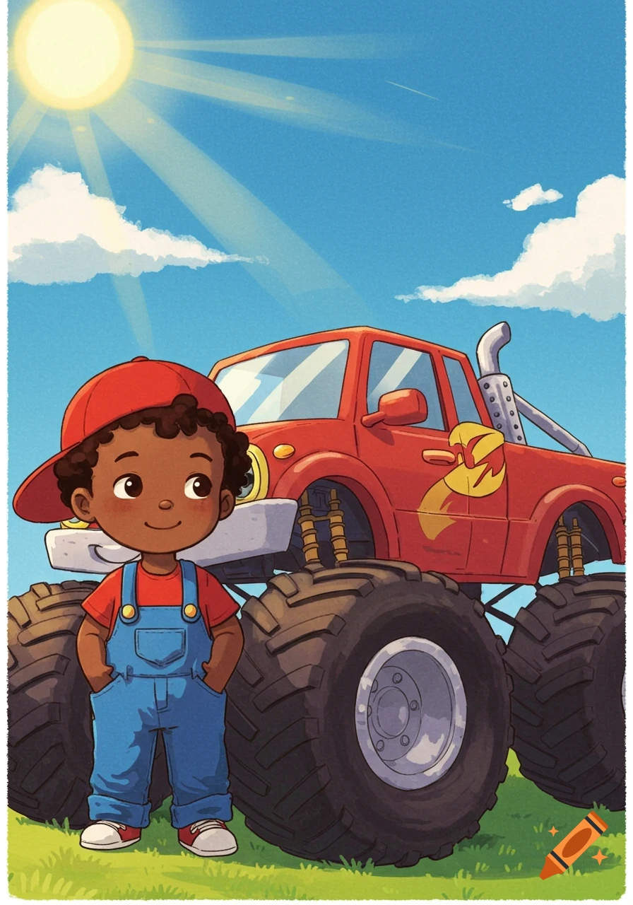 A smiling African American boy in blue overalls and red cap stands next to a red monster truck under a sunny sky, storybook illustration.