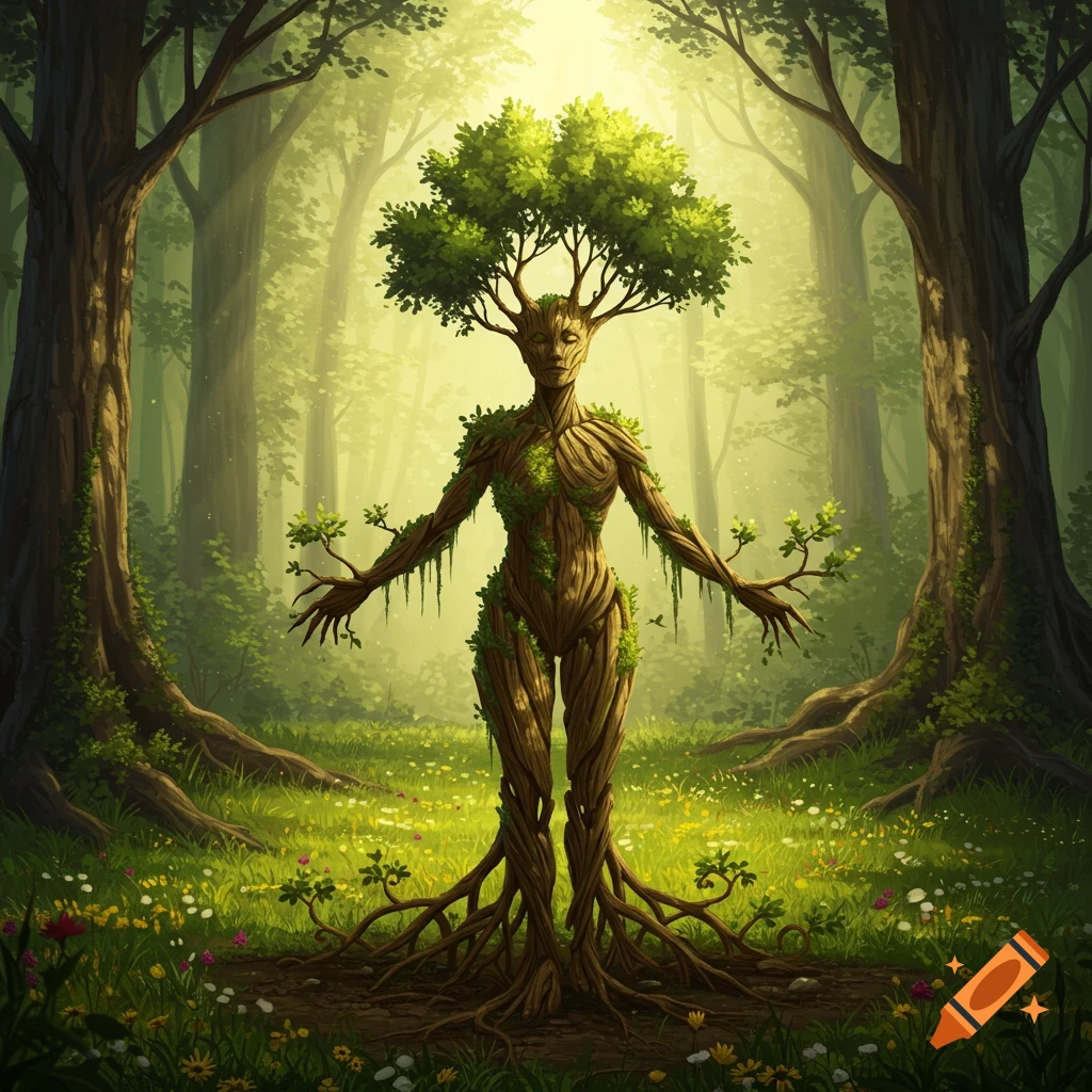 A humanoid figure made of tree roots and branches stands in a sunlit forest, with leaves for hair.