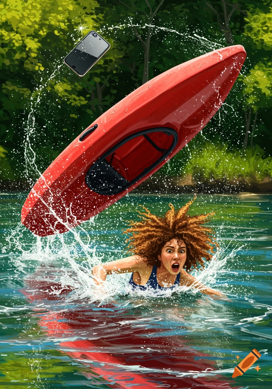 A woman with wild, curly hair falls out of a red kayak into the water, dropping her cell phone, in a dynamic illustration.