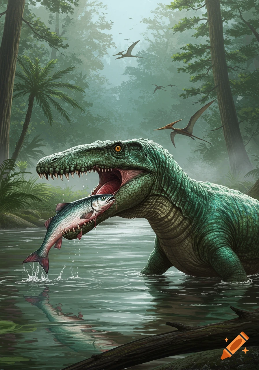 A green Baryonyx dinosaur stands in a misty jungle river, catching a fish in its mouth. Pterodactyls fly overhead.