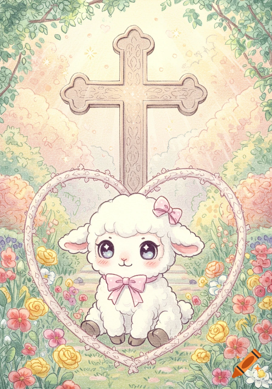 A cute lamb with pink bows sits in a heart-shaped vine in a pastel garden with flowers and a cross in the background, in a kawaii pencil drawing style.