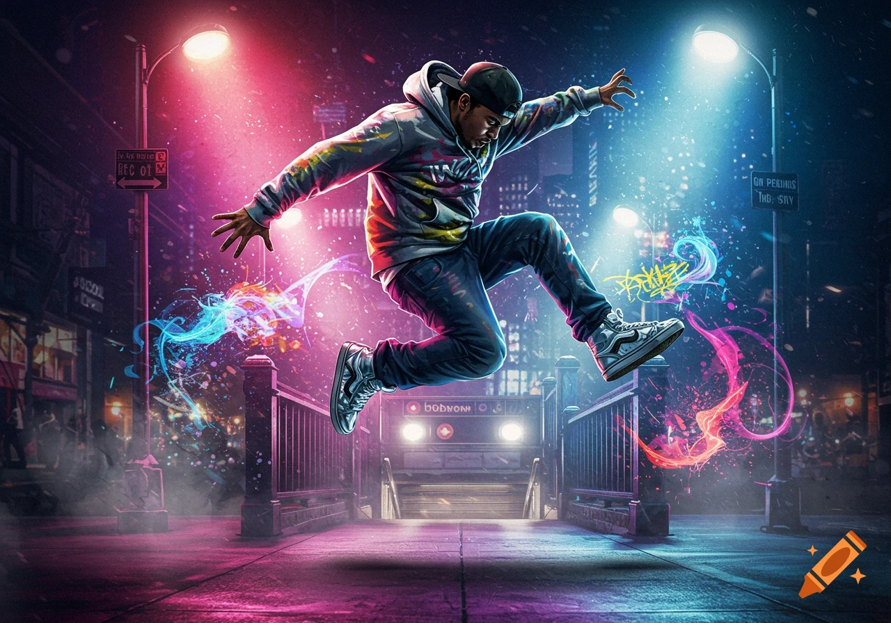 A male b-boy leaps mid-air in a vibrant, neon-lit urban street scene with colorful light trails and graffiti.