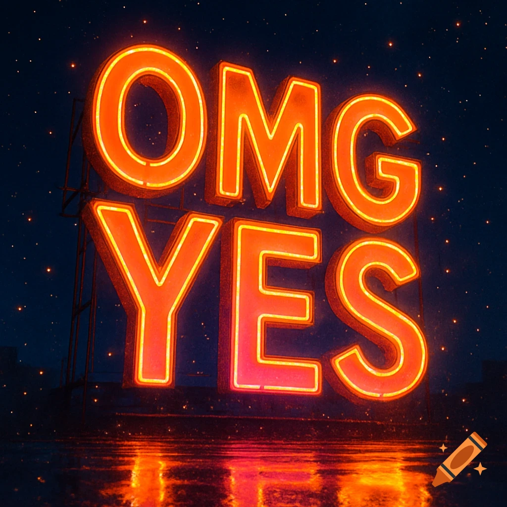 Large orange neon sign spelling 'OMG YES' against a dark, starry night sky with reflections on a wet ground.