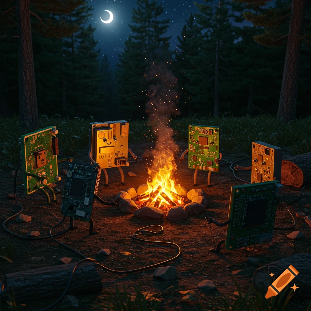 Anthropomorphic computer circuit boards with faces and limbs gathered around a campfire at night in a forest, under a crescent moon.
