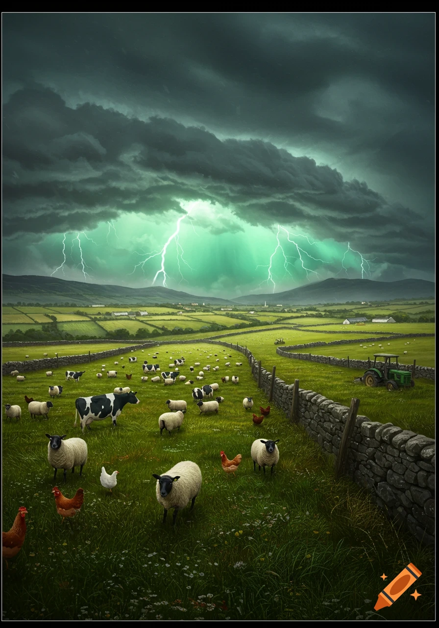 A photorealistic image of a vibrant green Irish farm with sheep, cows, chickens, and a tractor under a dramatic stormy sky with green lightning.