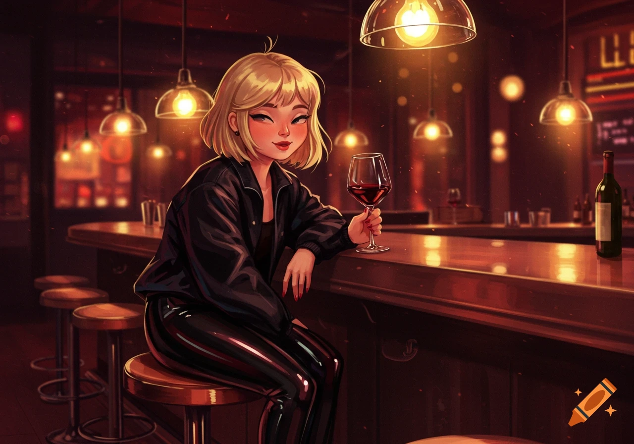 An anime-style blonde woman with short hair, wearing a black jacket and shiny leggings, sits at a bar holding a glass of red wine.