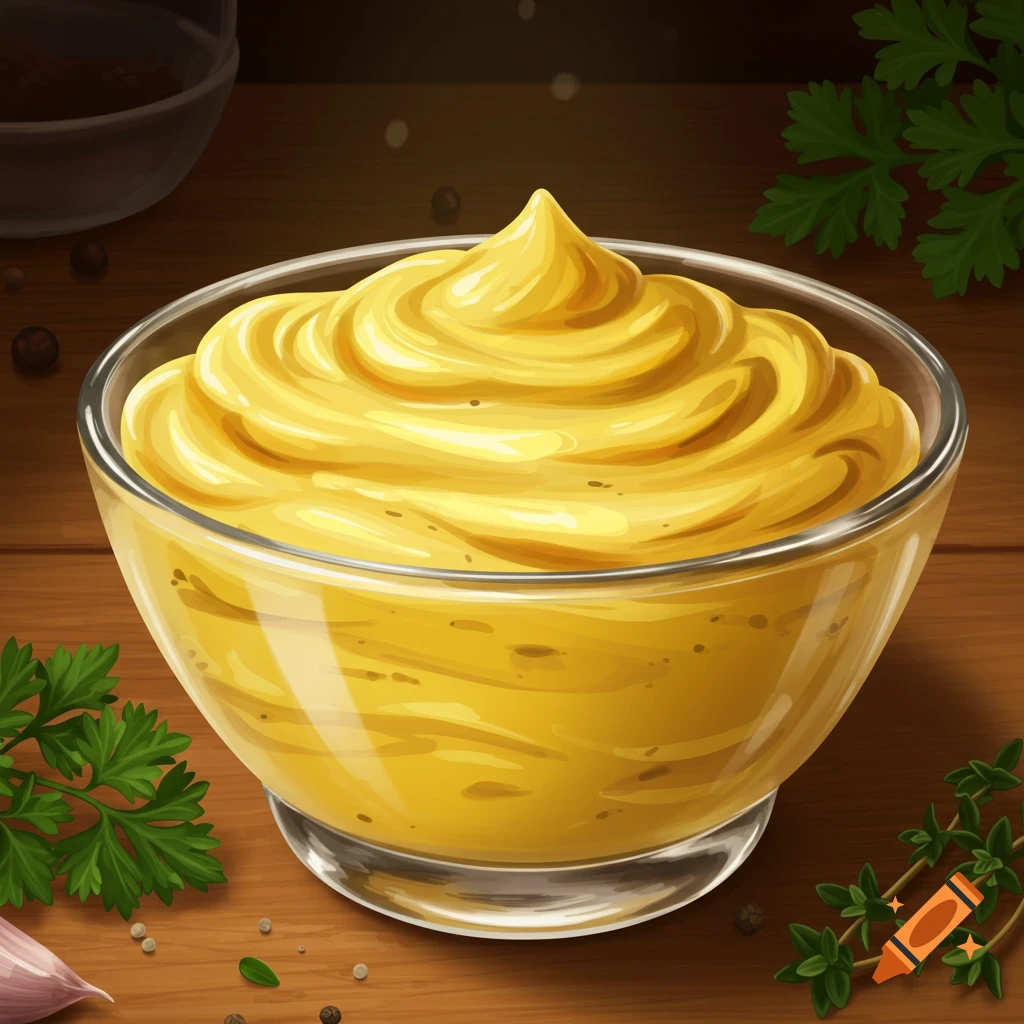 A close-up illustration of a clear glass bowl filled with creamy, yellow mayonnaise on a wooden table, surrounded by green herbs and peppercorns.