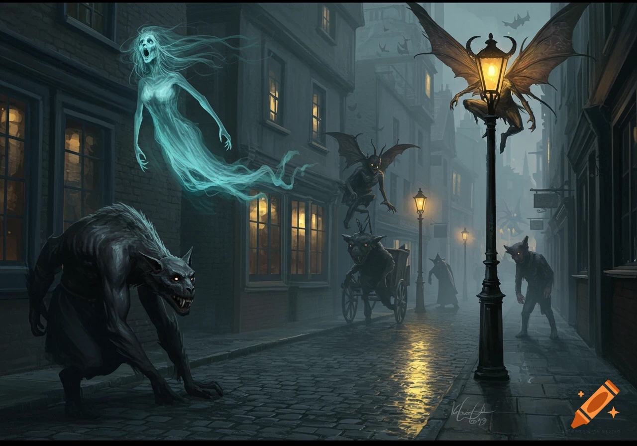 Dark fantasy creatures including a ghost, a werewolf, and winged demons roam a foggy Victorian London street at night, illuminated by gas lamps.