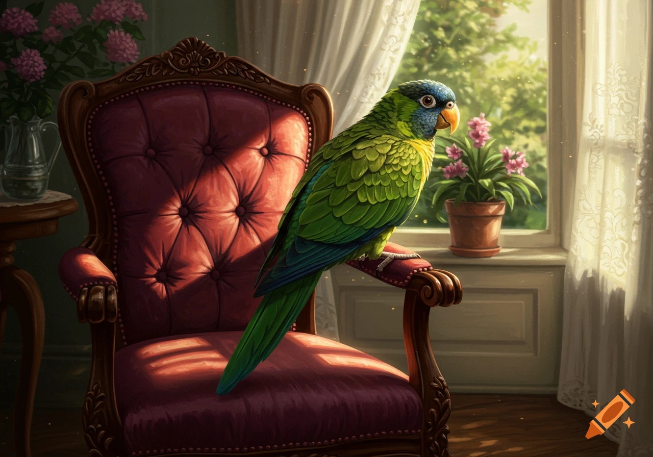 A green parrot with a blue face sits on a red velvet armchair by a window with white curtains, sunlight streaming in.