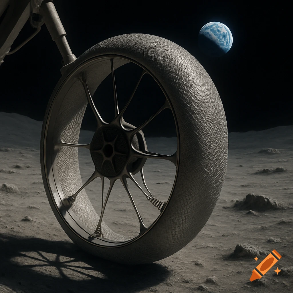 A close-up, detailed view of a futuristic lunar rover wheel on the moon's surface, with Earth visible in the dark sky.