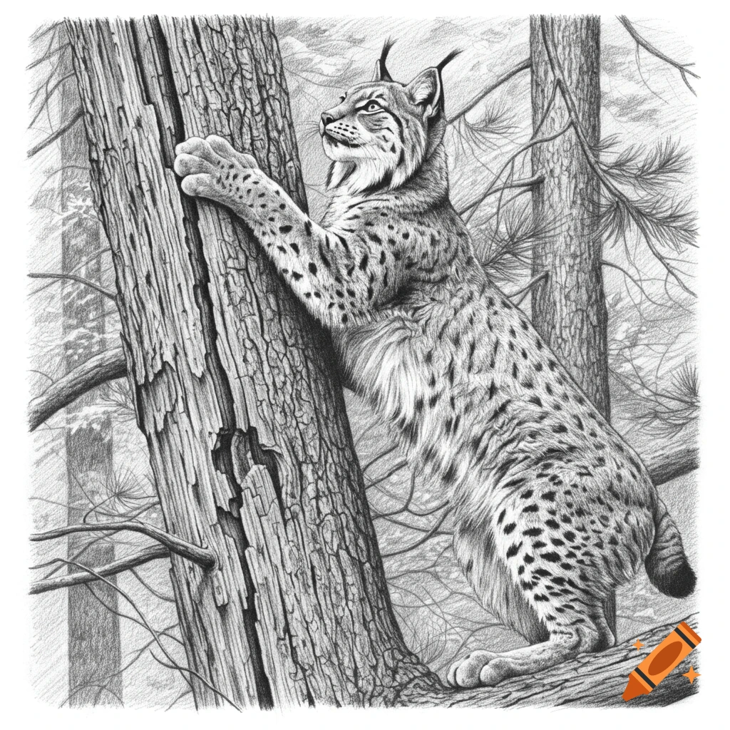 A detailed black and white sketch of a lynx with spotted fur climbing a tree, looking upwards in a forest.