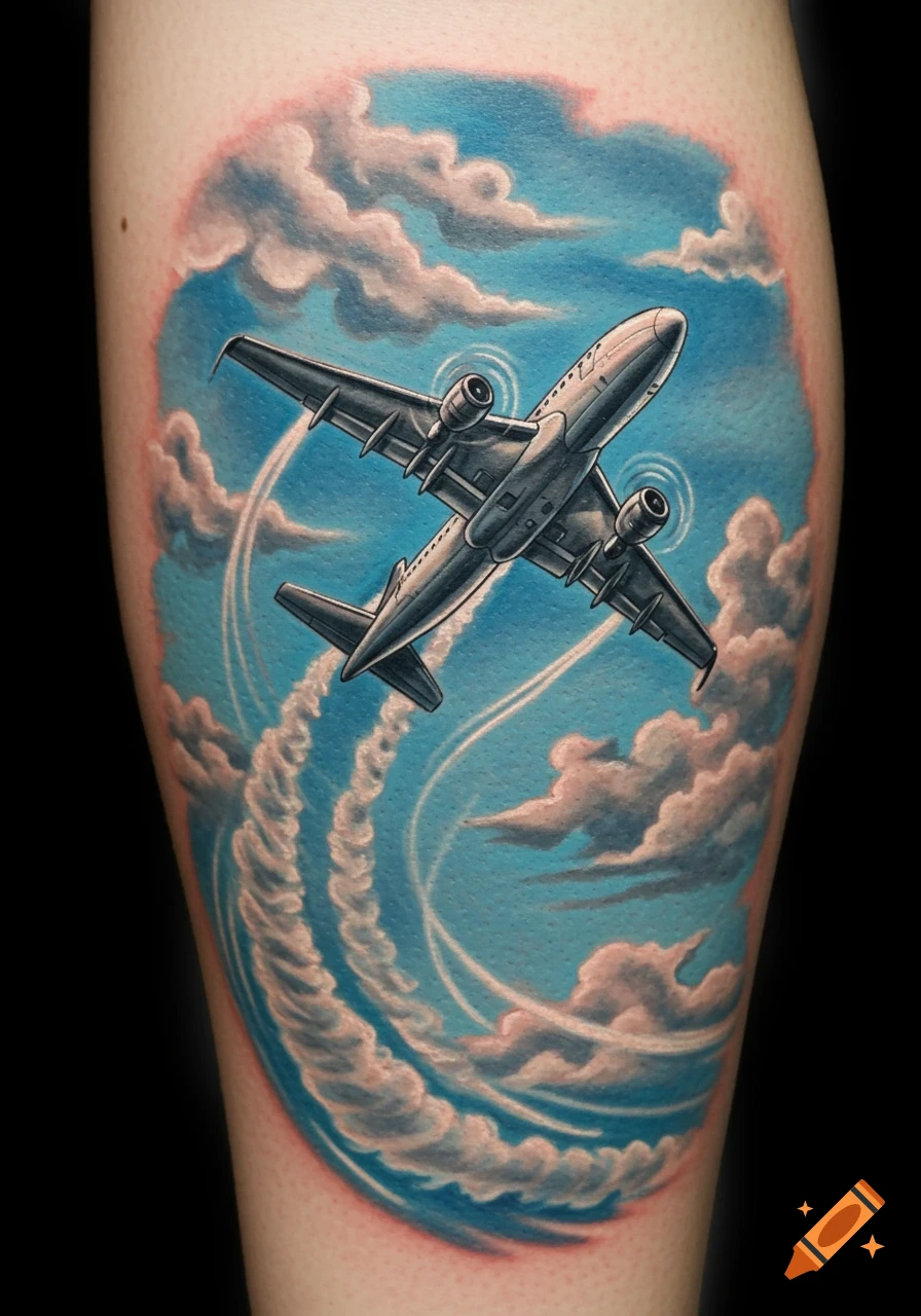 A colorful realistic tattoo of a passenger airplane flying through clouds in a blue sky, on a person's leg.