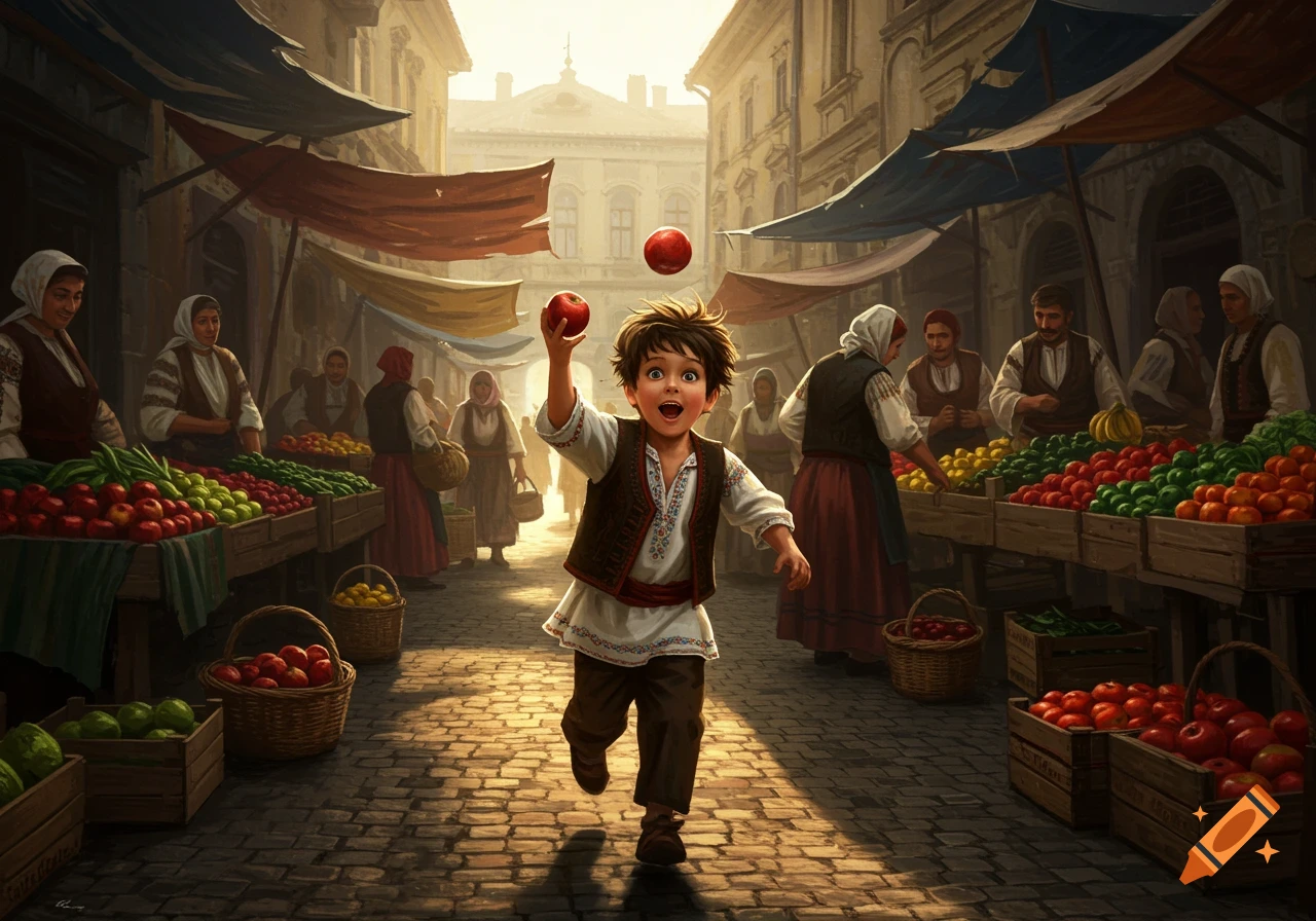 A young boy with an excited expression runs through a bustling outdoor market, juggling two red apples. Market stalls with fruit and people are in the background, in a painterly style.