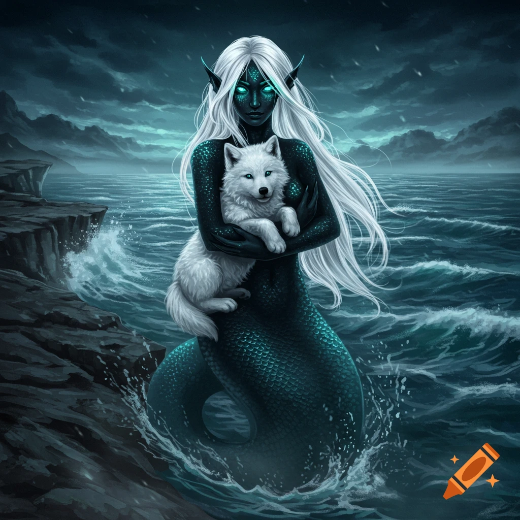 A white-haired siren with glowing teal eyes holds a white wolf pup in a stormy ocean scene with a rocky coast. Digital art.
