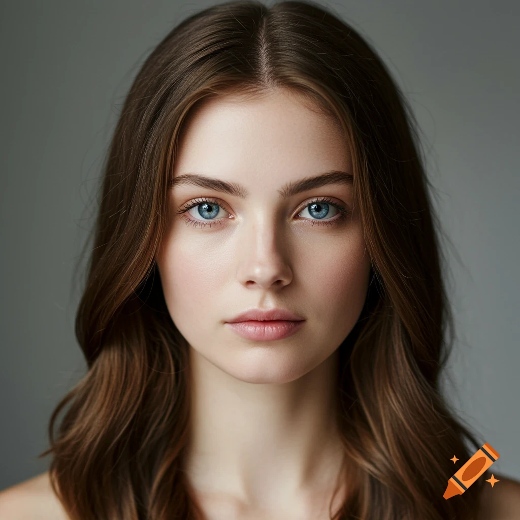Photorealistic headshot of a young woman with long brown hair, blue eyes, and a serious expression.