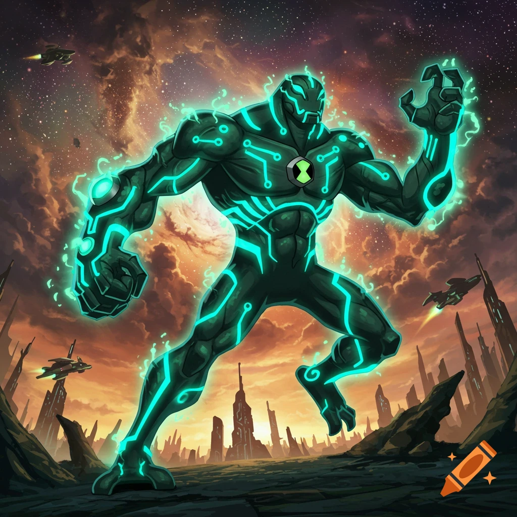 A muscular Ben 10 alien, Upgrade, with glowing teal circuits runs through a futuristic alien city under a vibrant, starry sky.