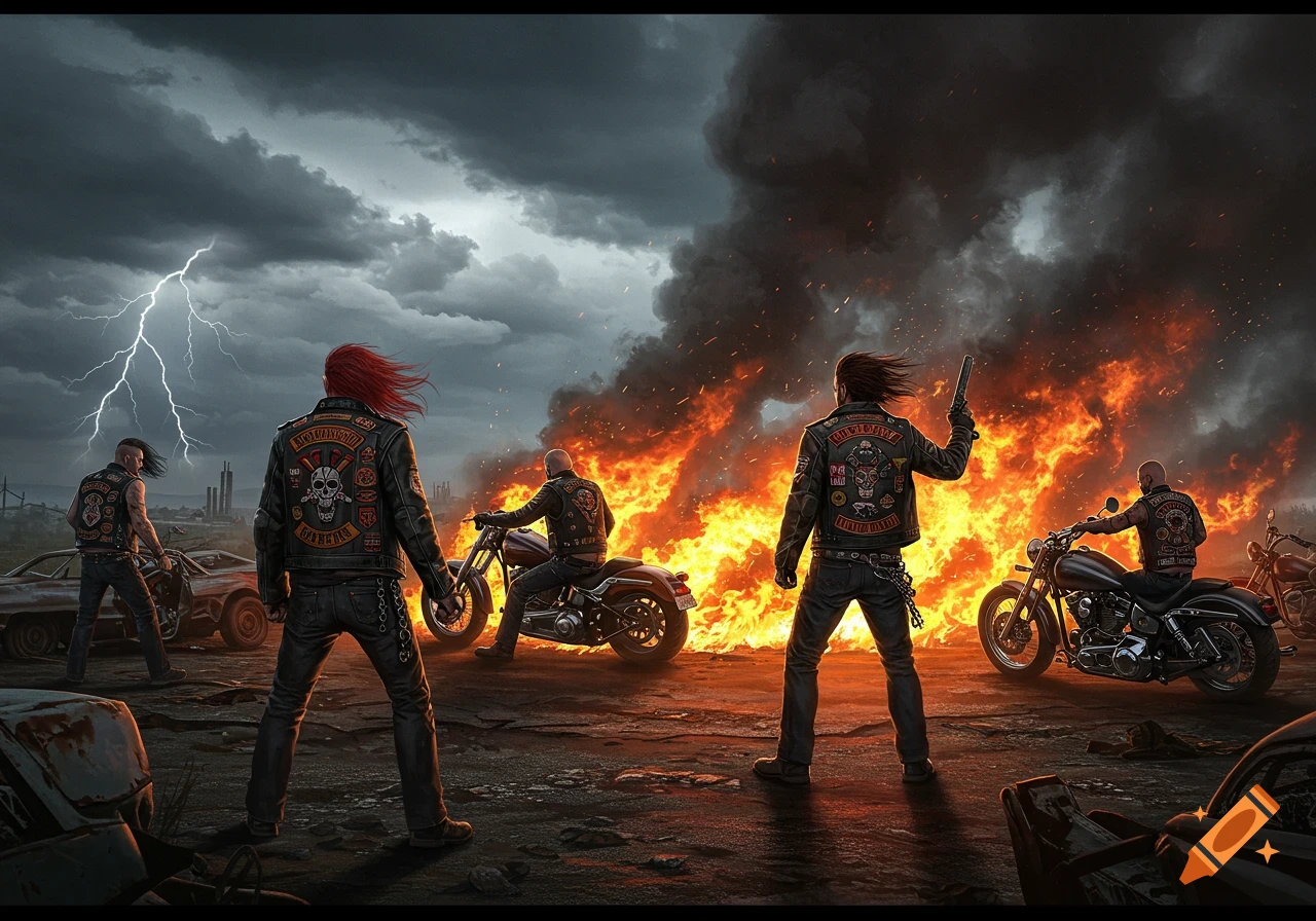 Bikers stand among burning wreckage under a stormy sky with lightning, one holding a gun.