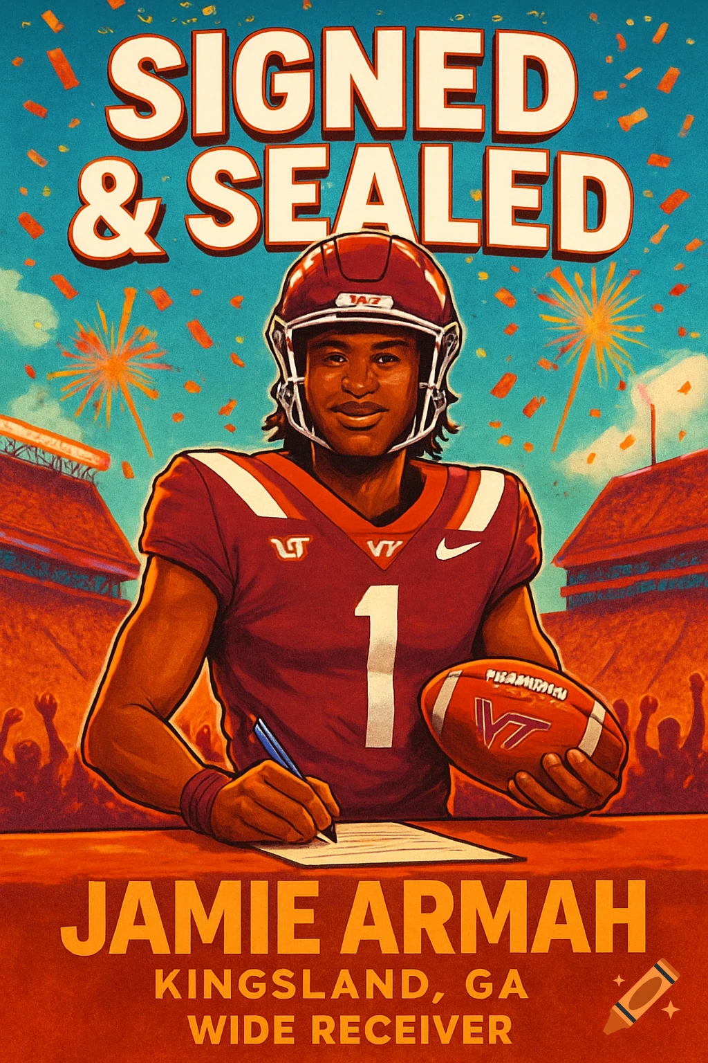 A stylized poster shows a football player in a maroon jersey and helmet, number 1, signing a document. Text above reads "SIGNED & SEALED". Below him, "JAMIE ARMAH KINGSLAND, GA WIDE RECEIVER" is written. Confetti and fireworks are in the background.