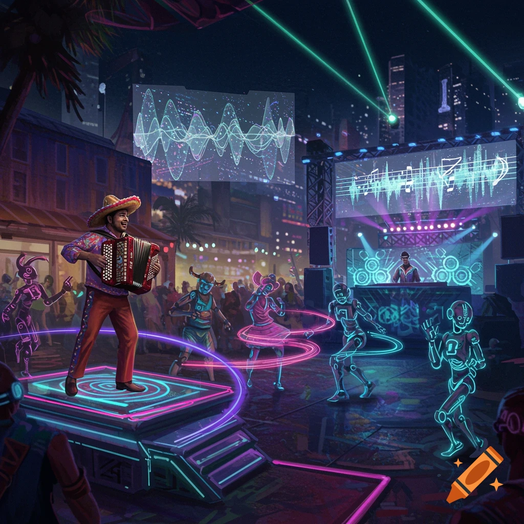 A man in a sombrero plays an accordion on a neon-lit stage surrounded by glowing, stylized robots dancing at an outdoor night concert in a futuristic city.