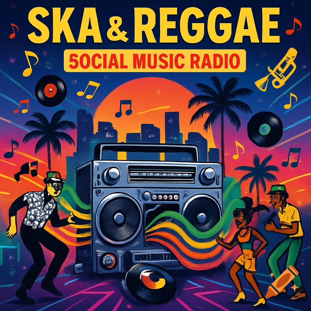 A vibrant, colorful illustration of a boombox at a street party, with three stylized people dancing to ska and reggae music under a city skyline and sunset, featuring the text "SKA & REGGAE SOCIAL MUSIC RADIO".
