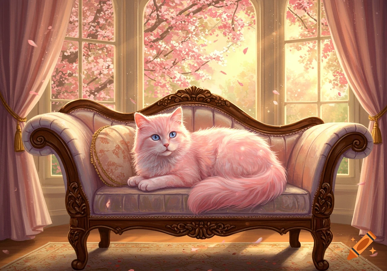 A fluffy pink cat with blue eyes rests on a luxurious Victorian sofa in front of a window overlooking cherry blossoms.