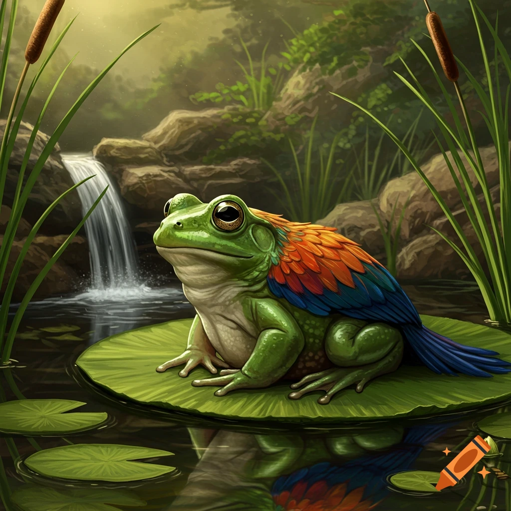 A vibrant green frog with colorful bird feathers on its back sits on a lily pad in a pond, with a waterfall.