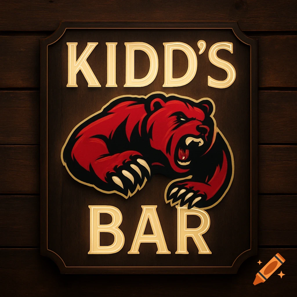 A rectangular dark wooden sign with gold embossed text reading 'KIDD'S BAR' and a fierce red bear logo in the center.