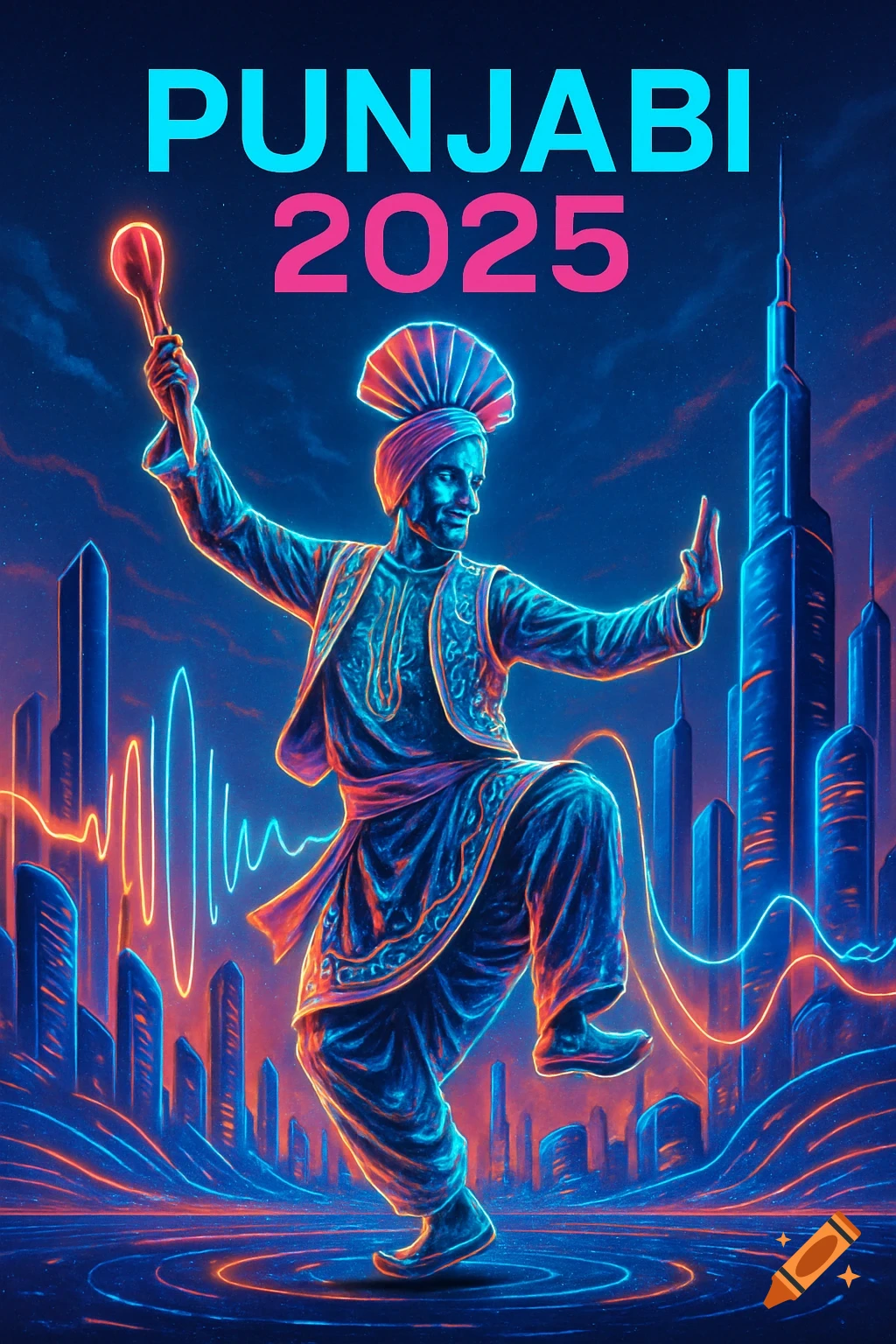 A man in traditional Punjabi attire dances in a futuristic neon city, with 'PUNJABI 2025' text.