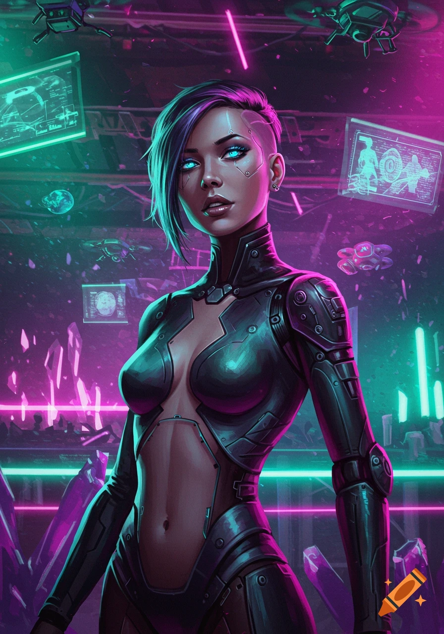 A cyberpunk woman with glowing blue eyes in a black futuristic suit stands in a neon-lit environment with holographic screens.