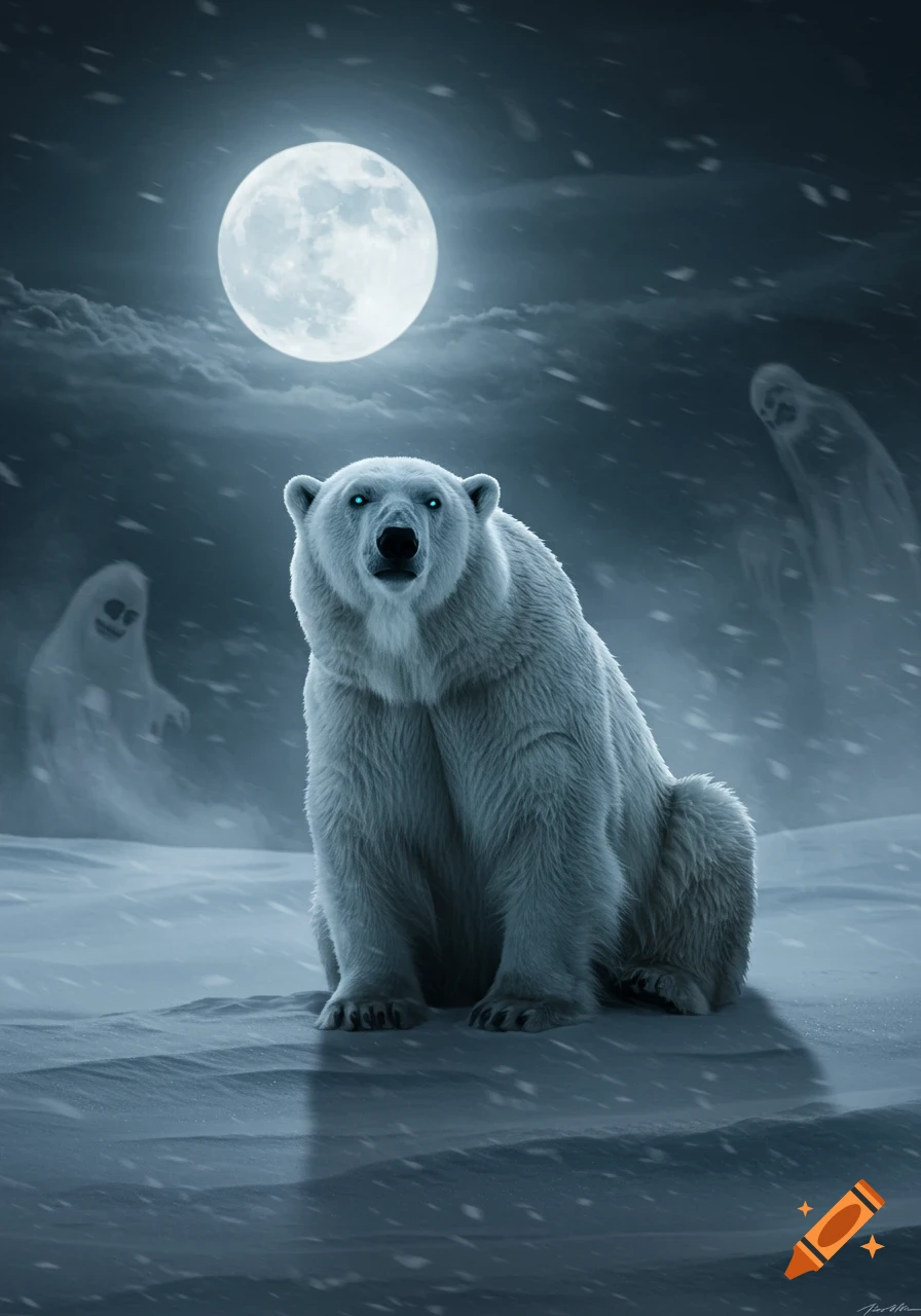 A polar bear with glowing blue eyes sits in a snowy tundra at night under a full moon, with two ghostly figures in the background.