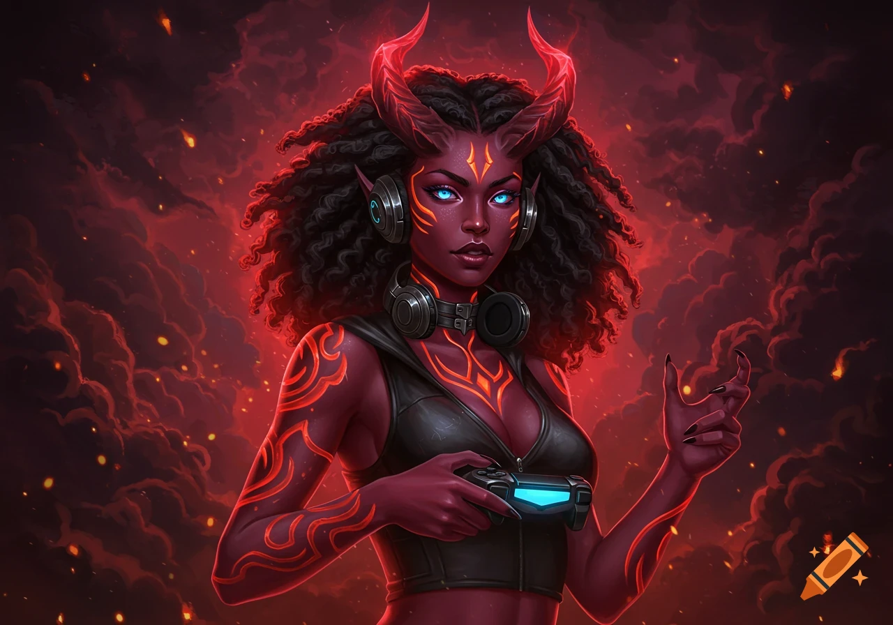 A stylized demon girl with red skin, black curly hair, and red horns holds a glowing game controller. She has glowing blue eyes and red tribal markings on her body, wearing headphones and a black crop top, against a fiery red, smoky background.