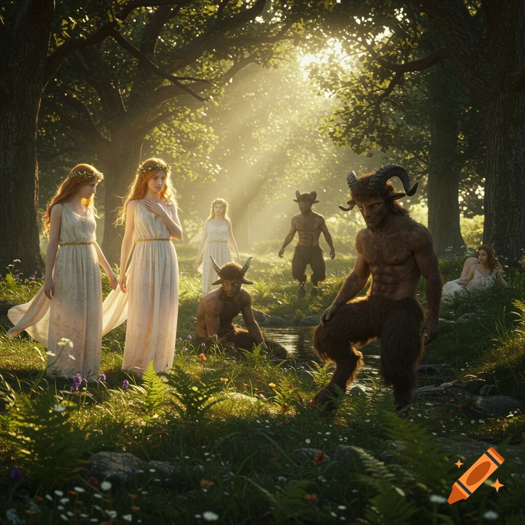Photorealistic image of Greek mythological nymphs and satyrs in a sun-dappled forest clearing.