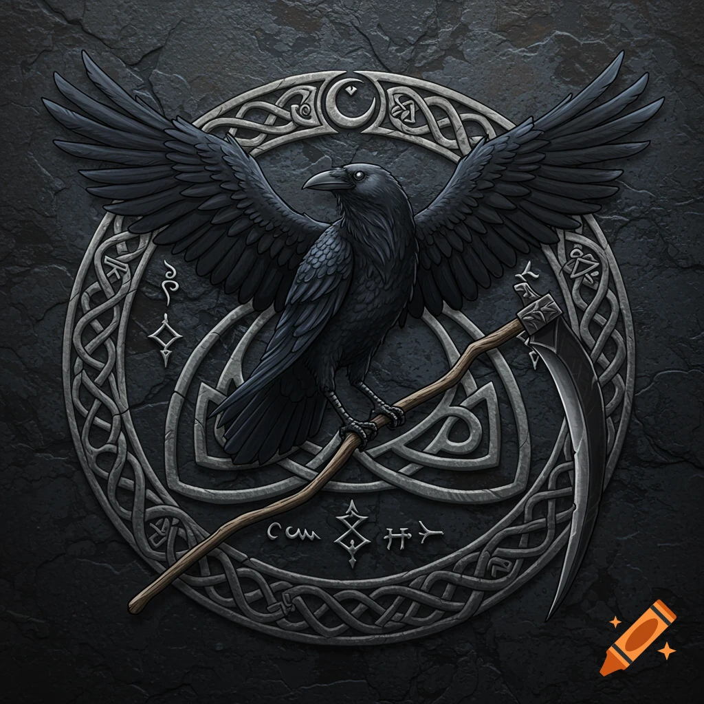 A black raven with outstretched wings perches on a scythe handle, centered within an intricate circular Celtic knot and triskelion emblem on a dark stone background.