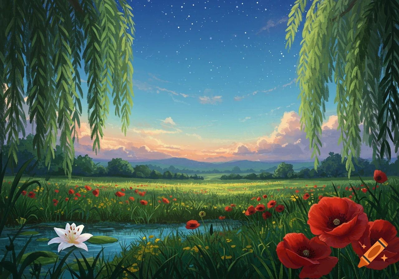 A vibrant, stylized landscape with weeping willow branches framing a field of red poppies and green grass, a stream, and a sky blending sunset colors with stars.