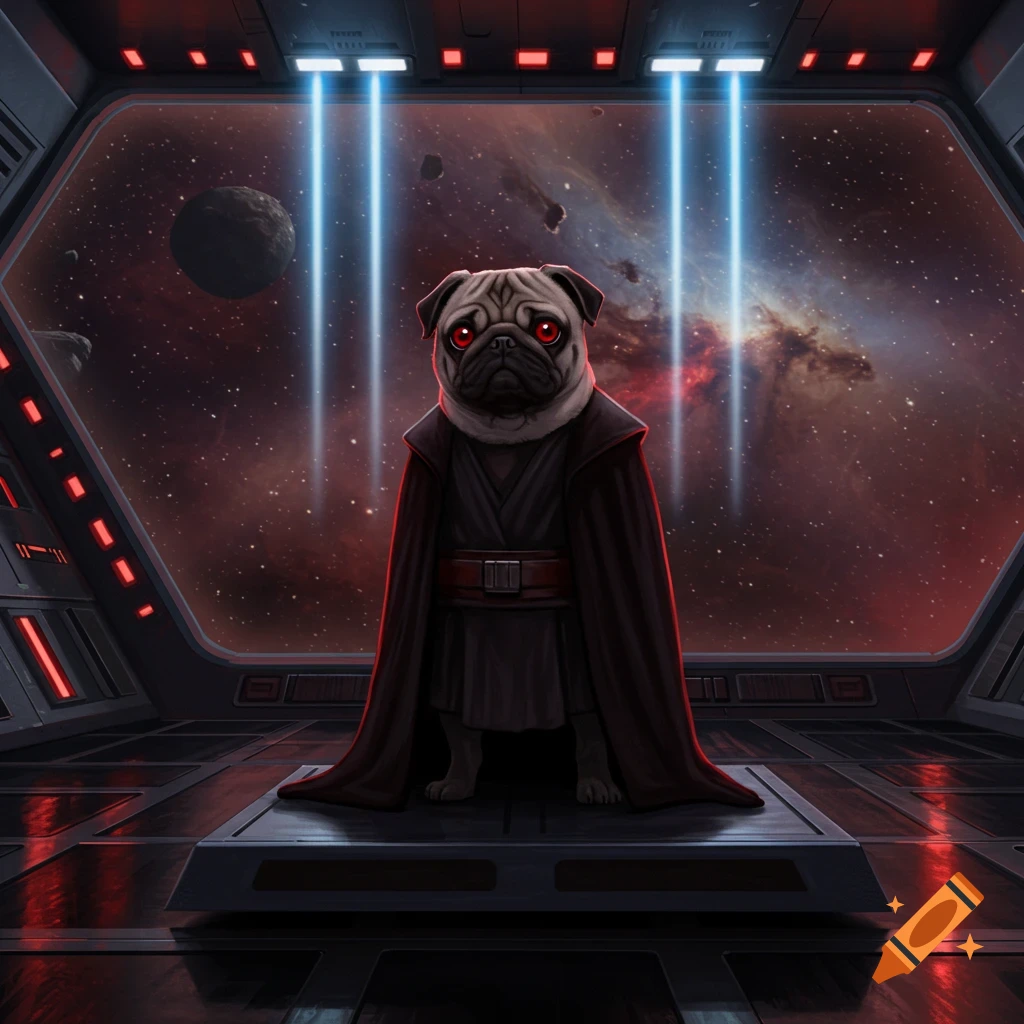 A pug dressed as a Sith Lord with glowing red eyes stands in a spaceship cockpit looking at a red nebula.