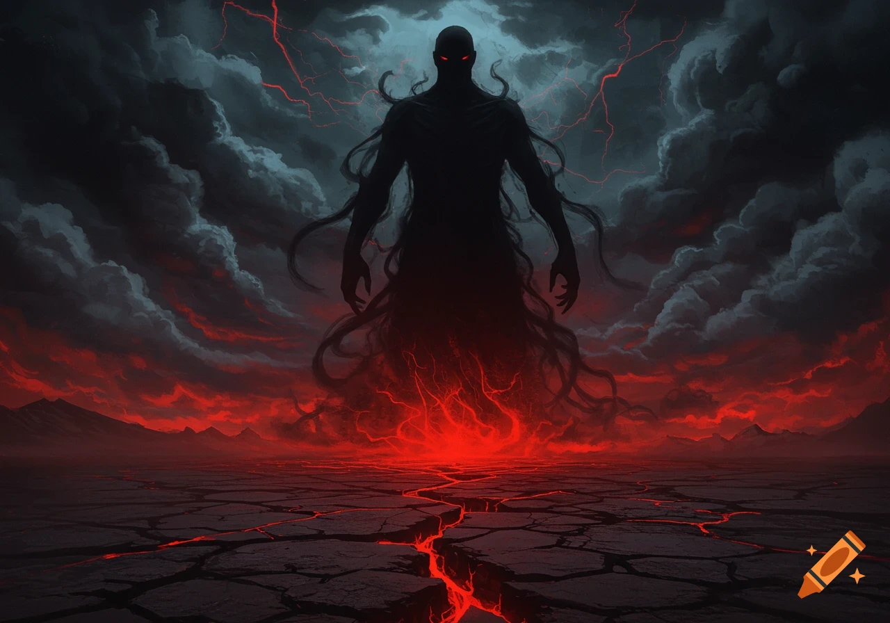 A shadowy, ominous figure with glowing red eyes stands over a cracked, fiery landscape under a stormy sky.