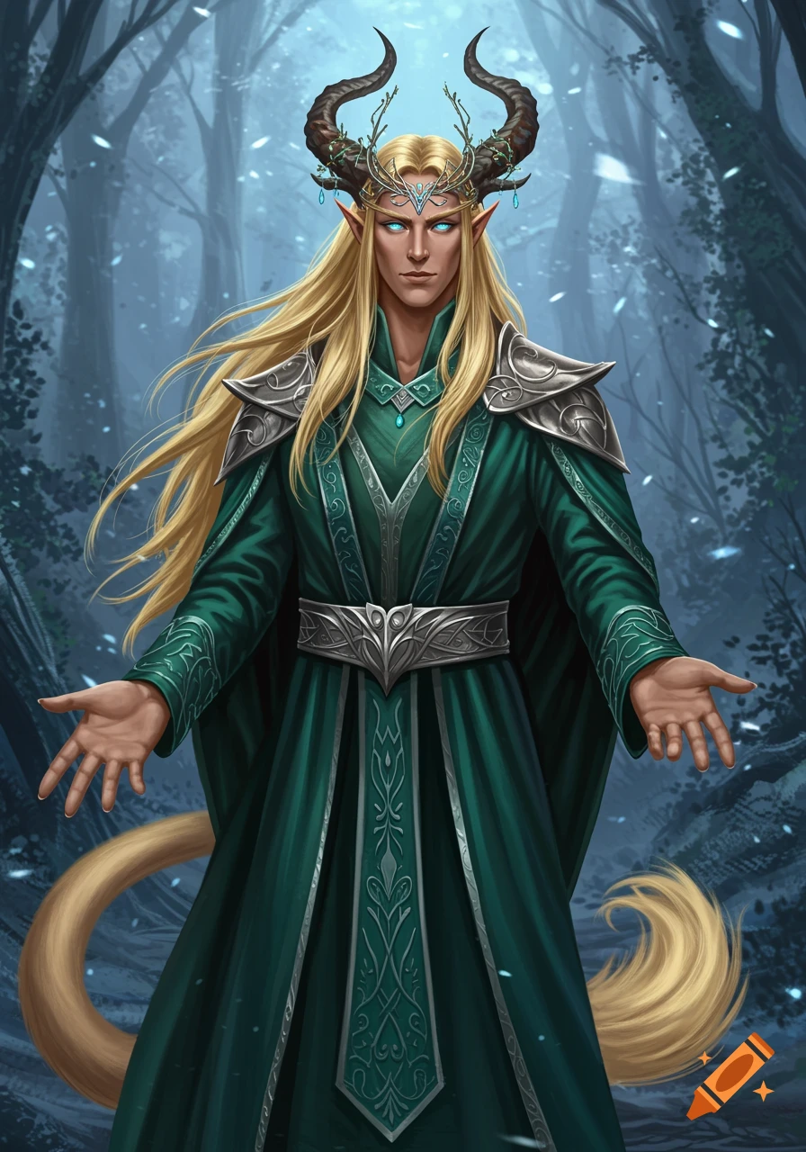 A male elf king with long blond hair, blue eyes, horns, and a tail, dressed in a green robe with silver armor, stands in a misty forest.