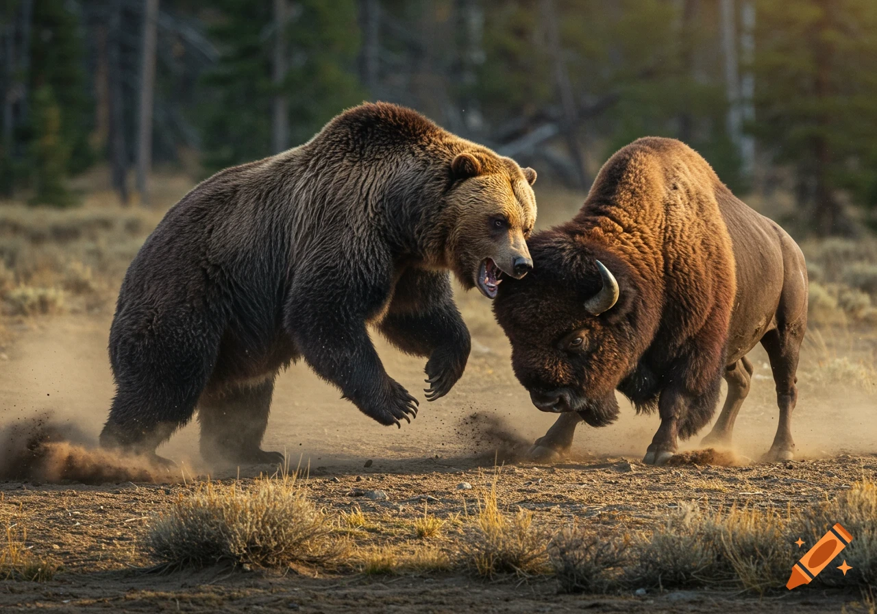 A photorealistic image of a grizzly bear and a bison confronting each other, kicking up dust in a field.