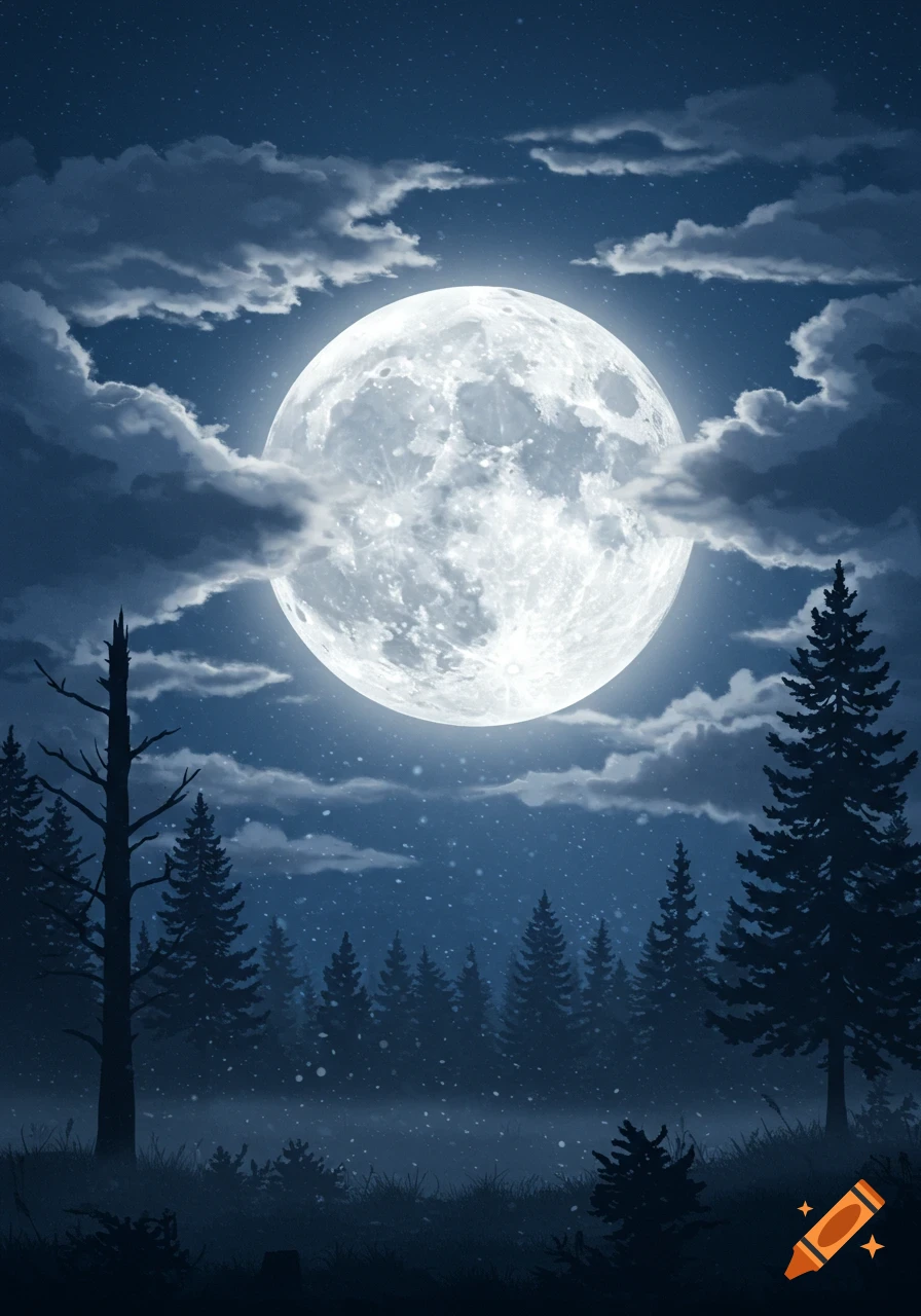 A large, bright full moon illuminates a night sky with dark clouds and a silhouetted forest of pine trees and one bare tree.