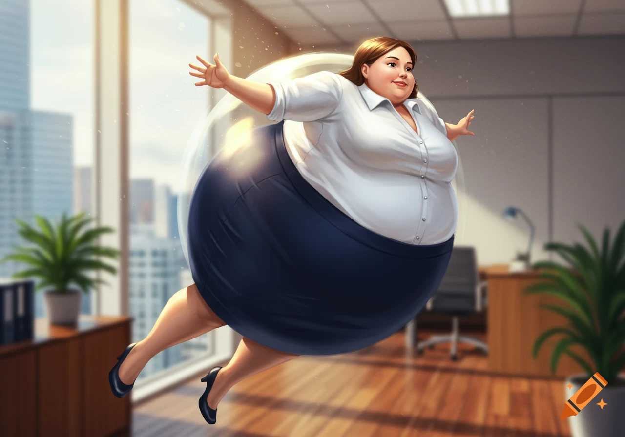 An inflated business woman in a white shirt and blue skirt floats in an office, arms outstretched.