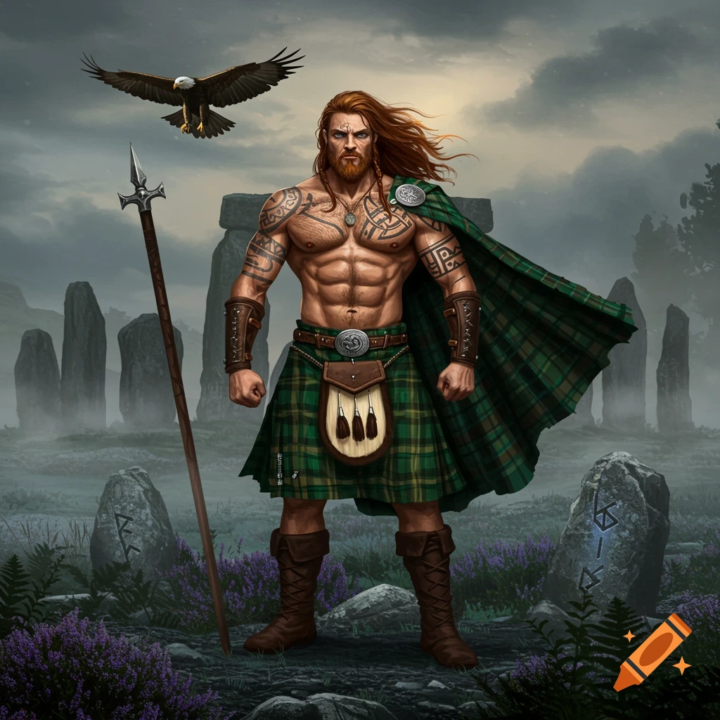 Muscular, red-haired Celtic warrior in a kilt and cloak, with tattoos, holding a spear in a misty stone circle with an eagle.