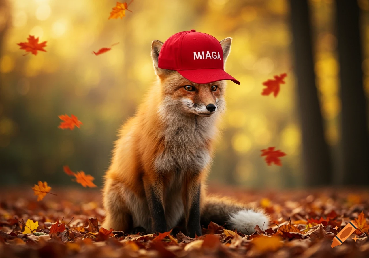 A photorealistic fox sitting in a forest of autumn leaves, wearing a red hat with 'MAGA' written on it.