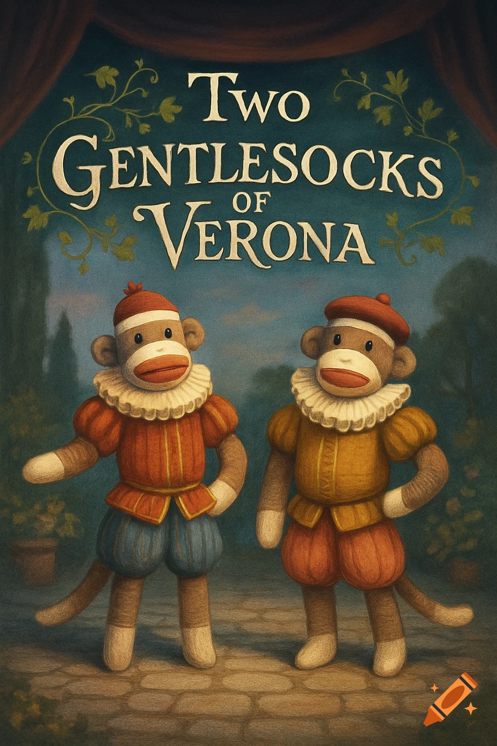 Illustrated play poster with two sock monkeys in renaissance costumes on a stage, titled 'Two Gentlesocks of Verona'.
