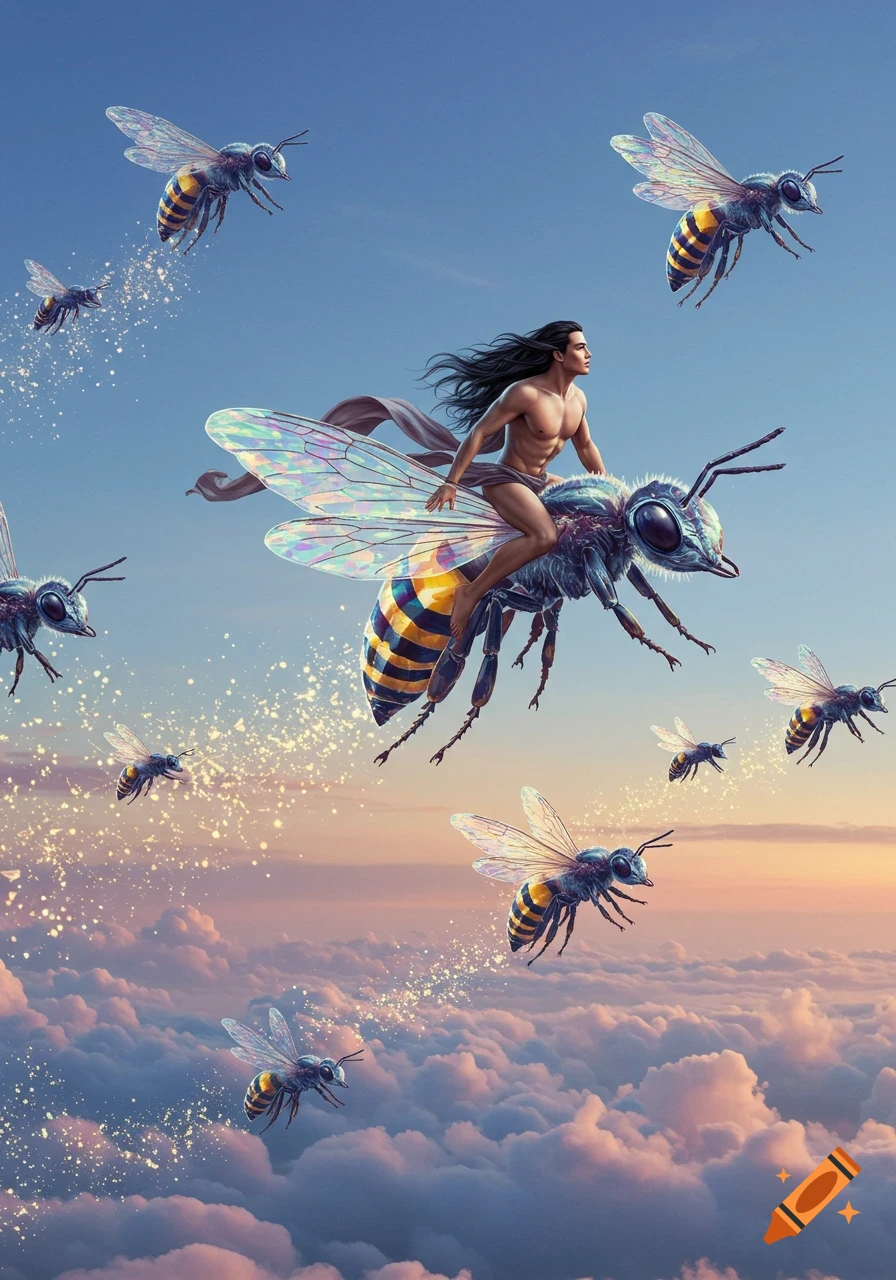 A man with long dark hair rides a giant bee with crystal wings through a cloudy sky at sunset, surrounded by other bees.
