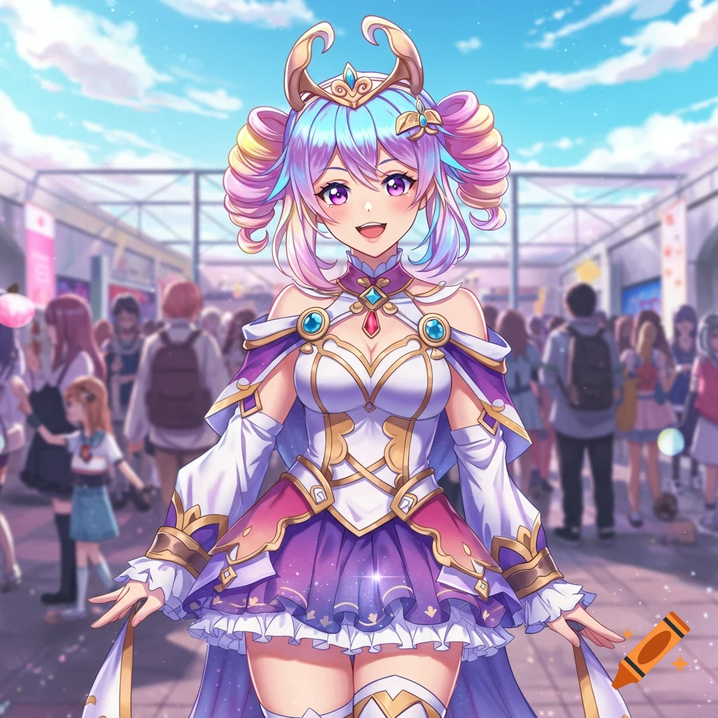 An anime-style girl in a vibrant purple and gold cosplay costume, smiling brightly in a crowded outdoor convention setting.