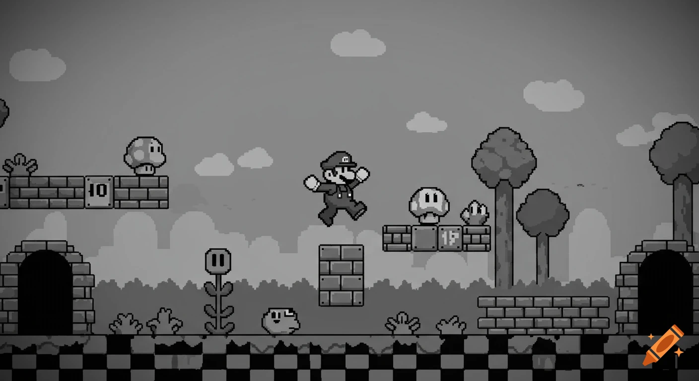 Black and white pixel art scene depicting Mario jumping in a Super Mario World level, featuring blocks, mushrooms, and pipes.