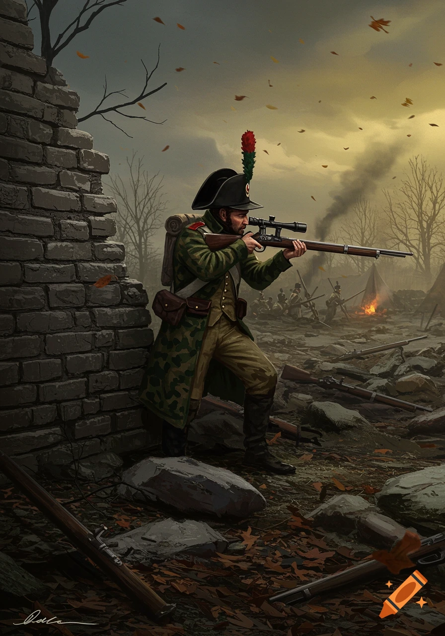 A Napoleonic era soldier, possibly a sniper, aims a rifle from behind a ruined brick wall in a desolate, smoky battlefield.