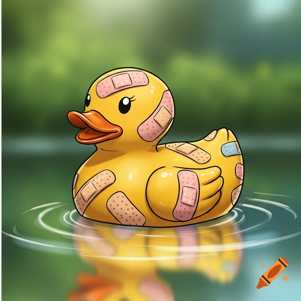 A yellow rubber duck covered in multiple pink and tan bandaids, floating in calm water with ripples and a blurred green background.